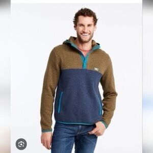 LL Bean Hooded Sweater Outdoor Slightly Fitted Brown and Blue size Large